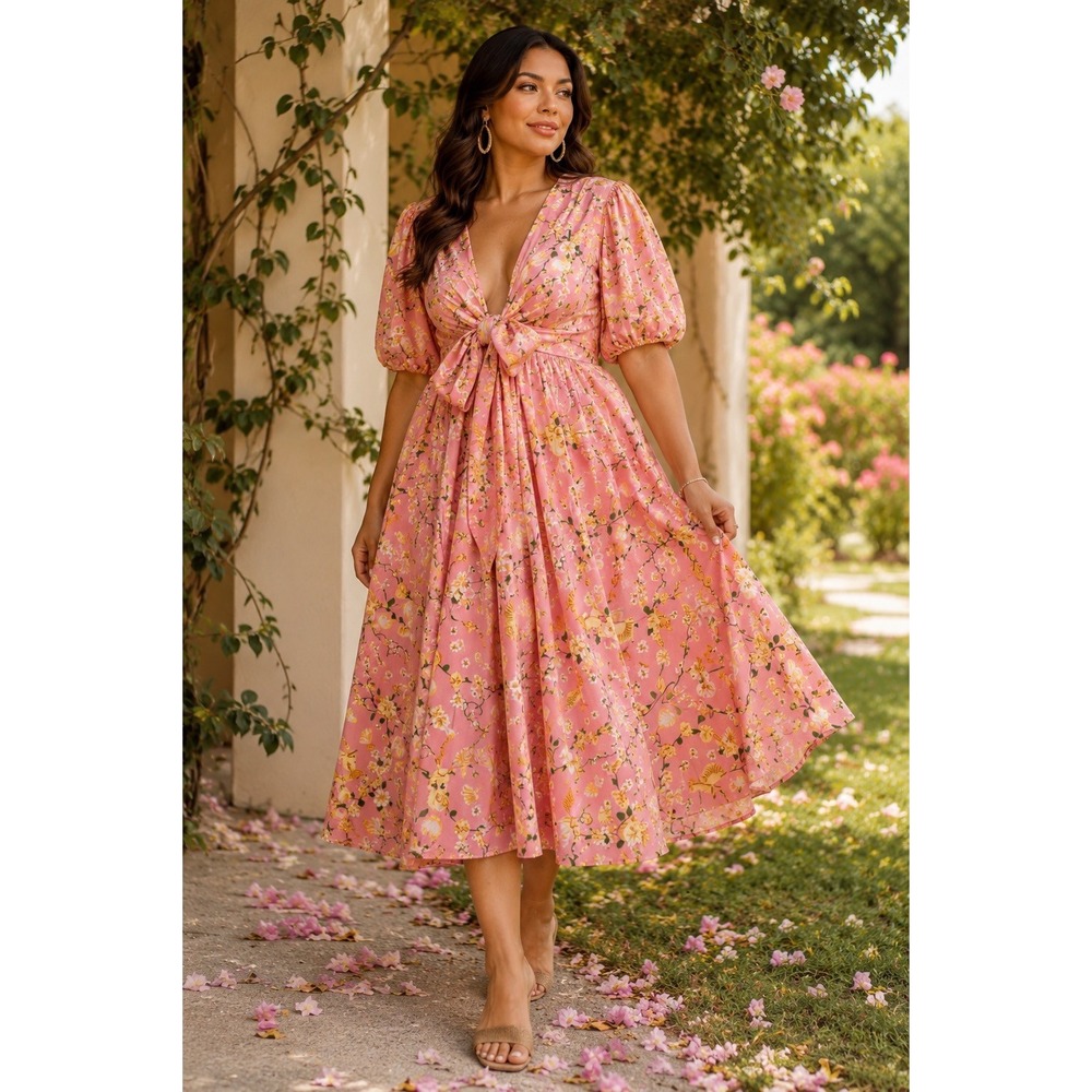 Beyond by Vera Pink Lola Floral Hummingbird Midi Dress Puff Sleeve Tie Front NWT